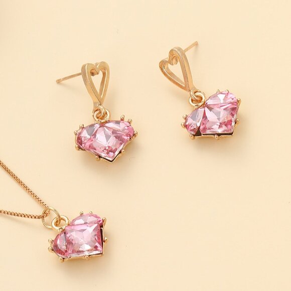 3/$35 Gold Pink Heart Necklace & Earring Set Dainty Crystal Elegant Jewelry - Picture 6 of 6